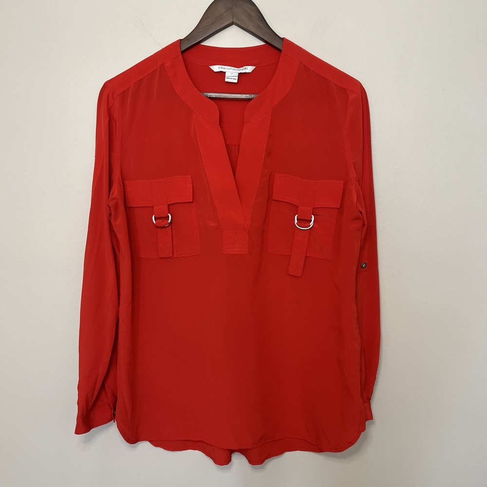 Diane Von Furstenberg Red‎ 100% Silk Pocket Detail Danielle Top Blouse Sz 4 DVF